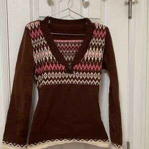 SHEIN Brown and Pink Patterned Women's Sweater